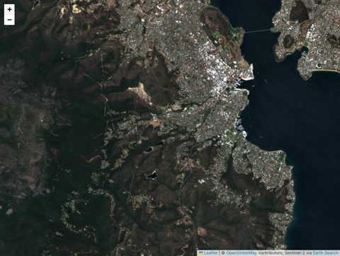 Sentinel-2 over Hobart at 10 m on a web map