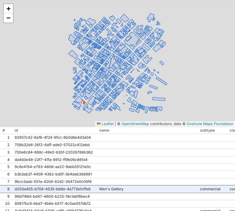 Overture building footprints in central Hobart with their attribute table